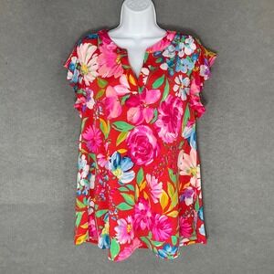 Dear Scarlett Top Womens‎ M Red Bold Floral Garden Flutter Sleeve V-Neck Flowy